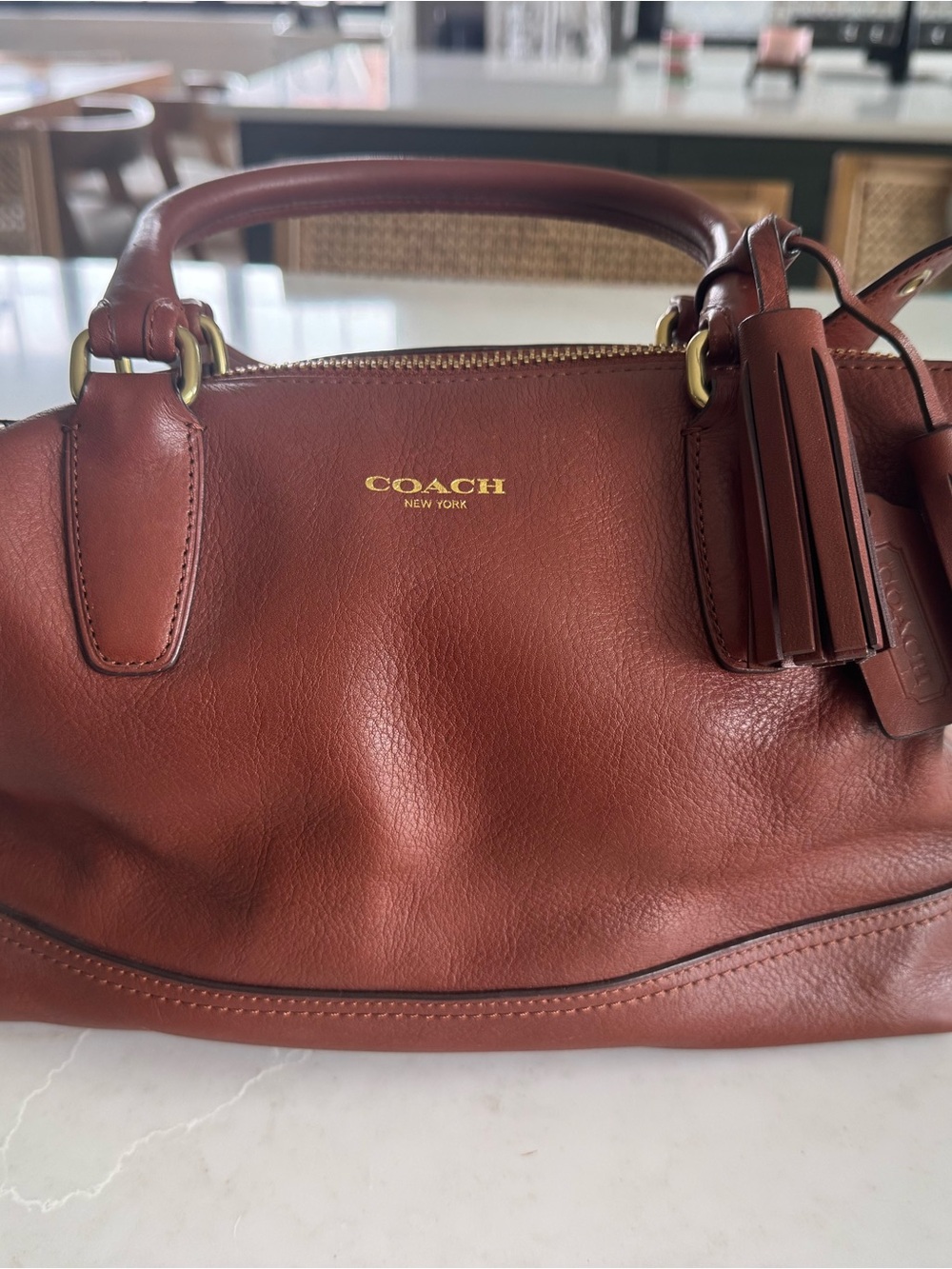 Coach Distressed Red-Brown Leather Satchel with Tassel